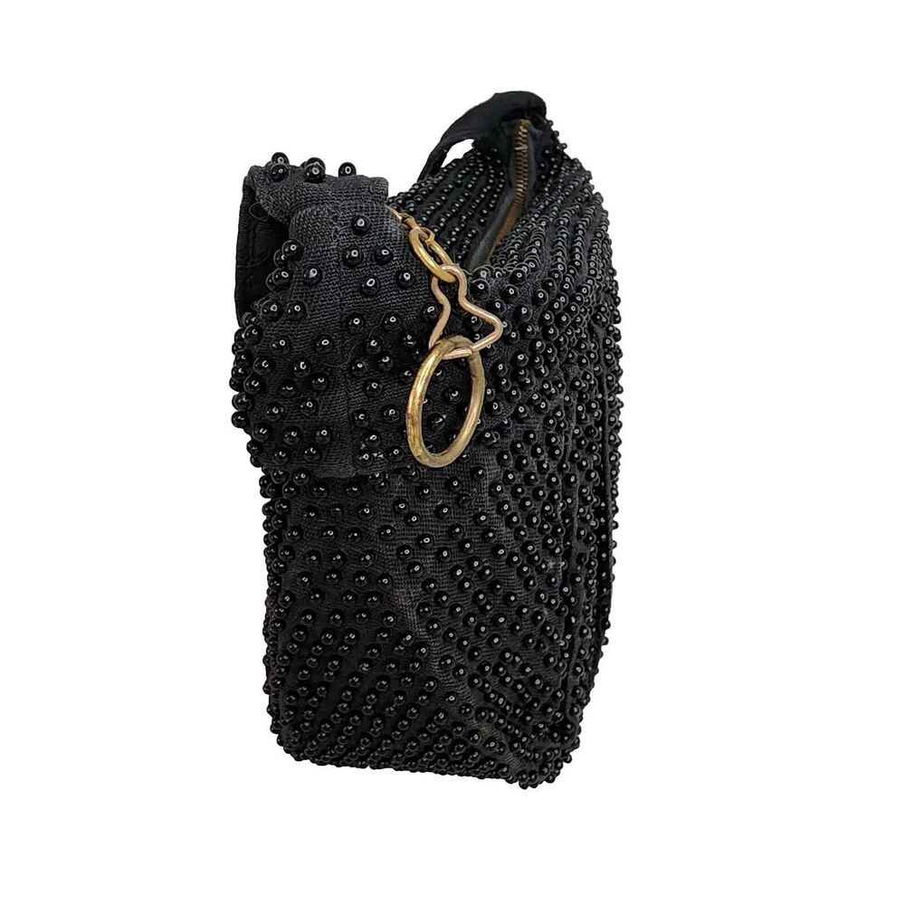 Vintage Plastic Beaded Bag Pleated Satchel Crescent Black Zippered Closure - Picture 4 of 16
